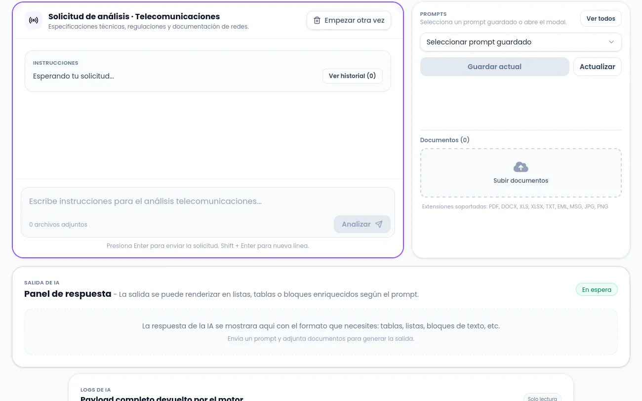 Espacio de trabajo de Docailysis: selección de industria, instrucciones de análisis y panel de respuesta.