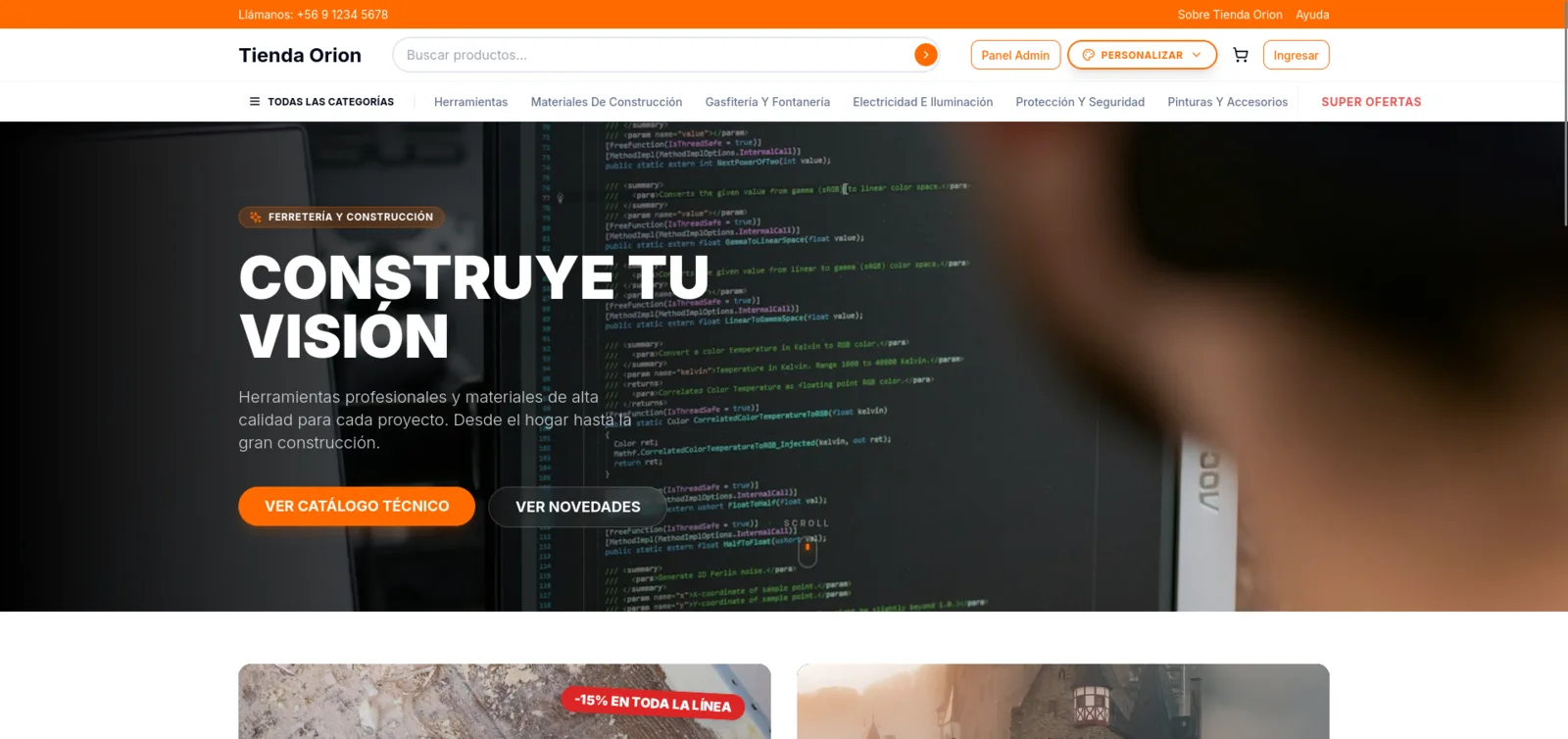Portada de la tienda: buscador, categorías de ferretería y bloque principal con promociones.