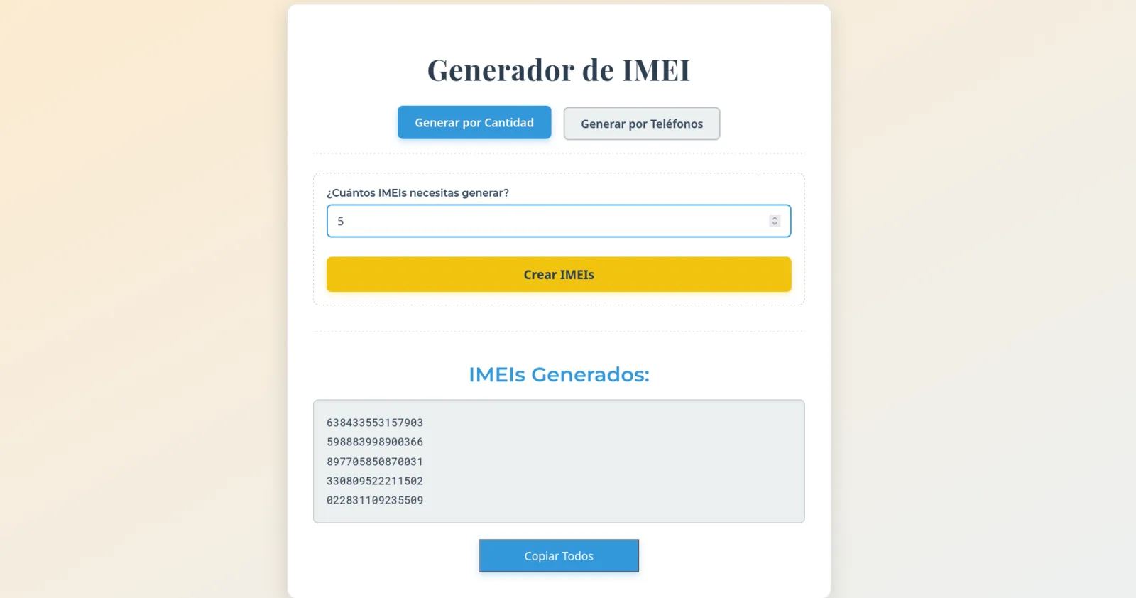 Generador de IMEI: cantidad a generar y lista de identificadores producidos, con copia en bloque.