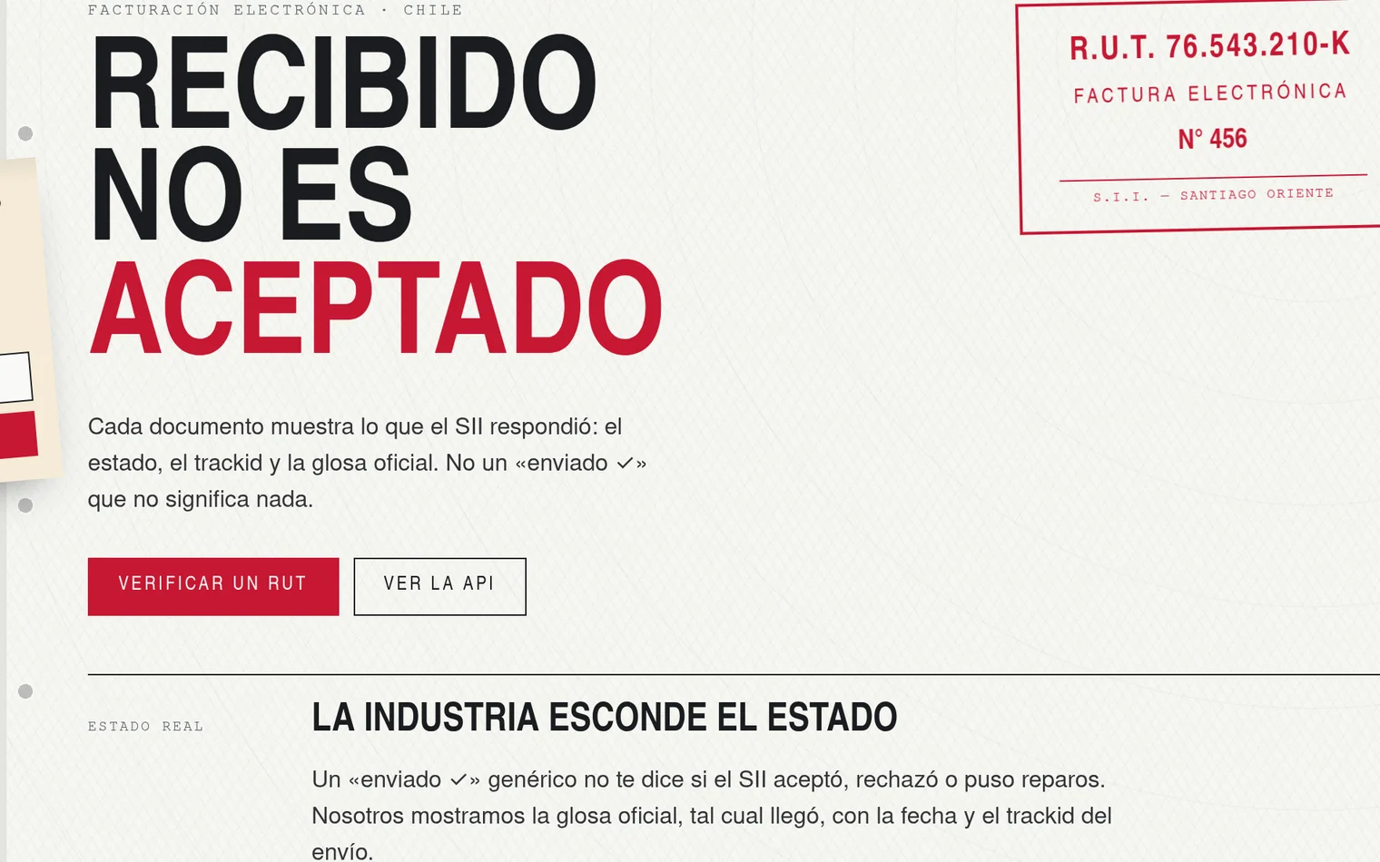 Landing de NinfaDTE: «recibido no es aceptado», con un timbre de factura electrónica de ejemplo.